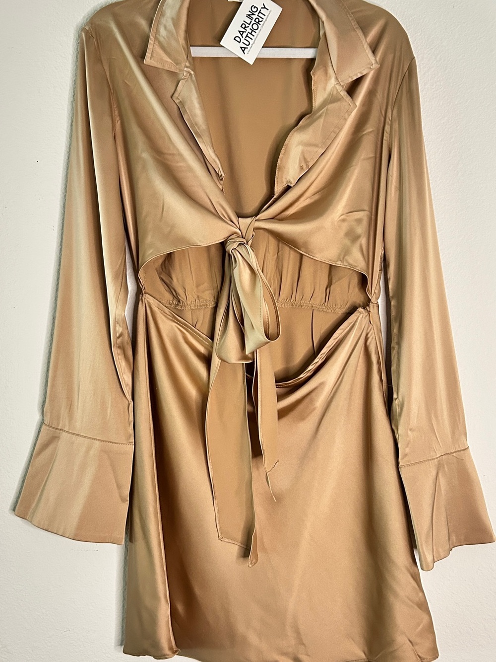 KEEPSAKE the Label Satin Tie-Front Long Sleeve Mini Dress in Camel